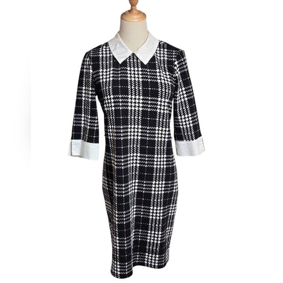 Tacera Plaid Black and White Collared Office Dress - Picture 1 of 7
